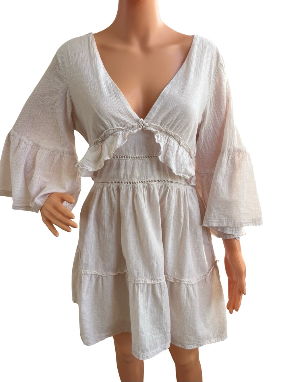 Listicle Cream Mini Boho dress with pockets and ruffle detailing